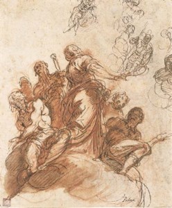 A group of figures on a cloud, with studies of other figures