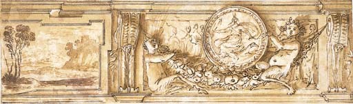 A study for a frieze decorated with a landscape and young satyrs holding a garland and supporting a medallion depicting Diana