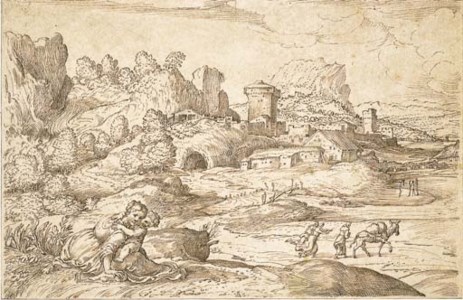 An extensive landscape with a fortified town, a mother and child in the foreground