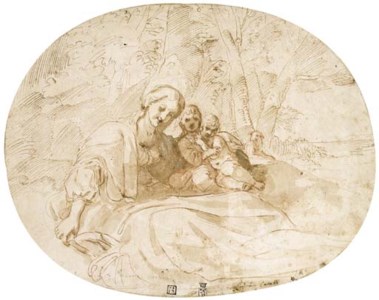 The Virgin and Child with the Infant Baptist in a wooded landscape near the coast