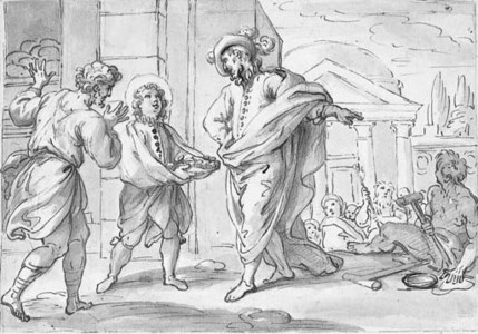 A boy-saint distributing food to the poor