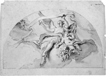 An angel holding a banner, attended by putti: design for a lunette