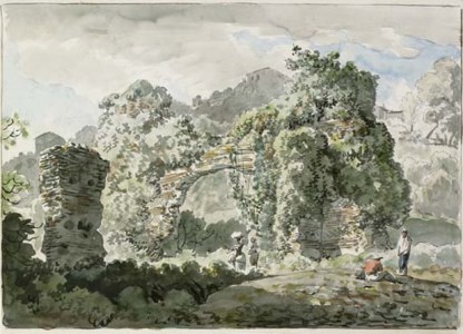 A ruined aqueduct in front of a villa on the road to Ariccia