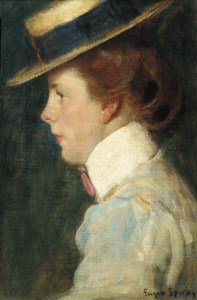 Portrait of a young lady with a straw hat, bust-length profile