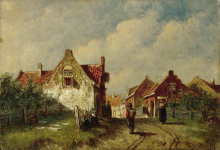 Travellers and laundrywomen on a sandy track running through a village