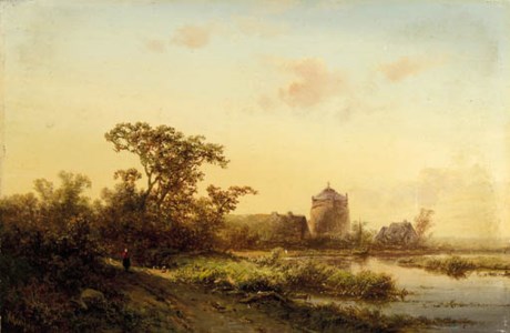 A summer landscape at dusk with a farm beyond