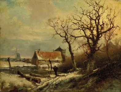 A winter landscape with a wood gatherer on a snowy track