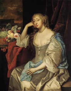 Portrait of a lady, three-quarter-length, in a grey dress and blue wrap, her right arm resting on a table with a bowl of fruit and flowers, a red curtain and landscape beyond