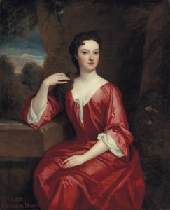 Portrait of Lady Elizabeth Harley, Marchioness of Carmarthen, three-quarter-length, in a red dress, seated, a landscape beyond