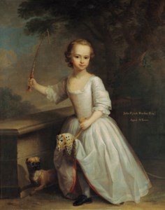 Portrait of John Fytch Barker, later 7th Bt., aged three, full-length, in a white dress riding a hobby horse with a whip in his right hand and a pug at his side, in a landscape