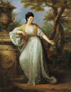 Portrait of Mrs. Mary Pocklington of Winthorpe Hall, Nottinghamshire, full-length, in a white dress with a red sash, holding a book in her left hand, leaning upon a plinth bearing a classical urn, in a wooded landscape