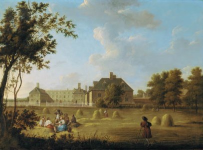 A view of Fonthill, Wiltshire, with haymakers in the foreground