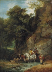 Figures and livestock at a woodland pool in Hawkstone Park, Shropshire