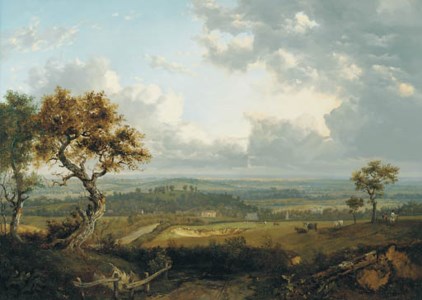 An extensive landscape with figures and cattle in the foreground and a village beyond