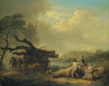 Children gathering firewood, an ox-drawn cart standing beside