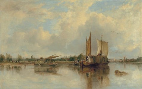 View of barges on the Thames with Henley beyond
