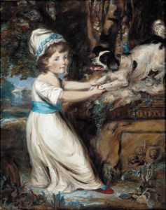 Portrait of Miss Hall, full-length in a white dress with blue trim, playing with a black and white spaniel