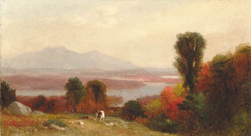 Cows and Sheep Grazing in an Autumn River Landscape