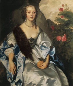 Sir Anthony van Dyck, Portrait of Lady Dorothy Thimbleby, three-quarter-length, in a satin dress with a blue wrap and a fur stole, holding a lemon in her lap, beside a rose bush, in a rocky landscape