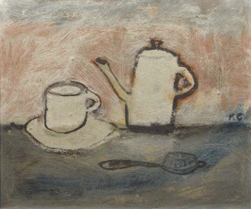 A coffeepot, a coffee cup and a tea-strainer on a table