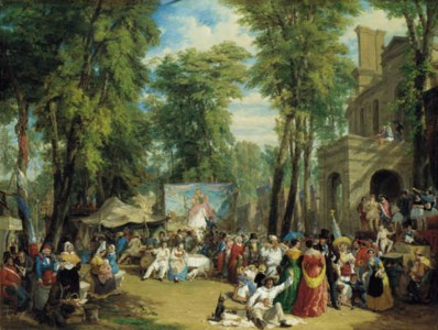 A fair in the Champs Elysee, Paris '(Grand tintamarre) Voila, Voila, v'la, v'la Messieurs! Venez voir, venez voir, Madlle. Rose, la femme colosse la plus êtonnante du monde par la suavité de sa voix, la naiveté de ses traits, l'epaisseur de son mollet! L'expression spirituelle de ses yeux. Madlle. est accompagnée par deux grands serpens.' 'Lolette mon chou; couvre ton épaule, ne vois tu pas ce Grand Nigaud Anglais qui te lorgne?' 'Tire la ficelle ma femme et montre à ces messieurs et dames les grandes événements du tempts de l'Empereur Napoleon le Grand!'