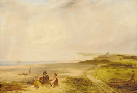 Children on a beach with an extensive coastal landscape beyond