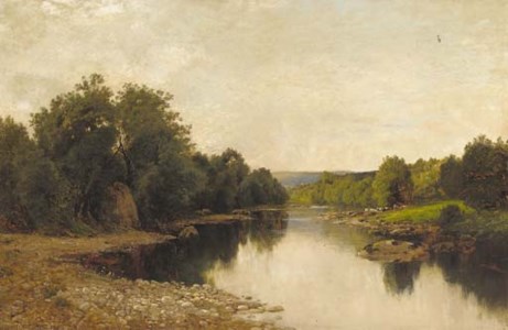 Cattle watering in a tranquil river landscape
