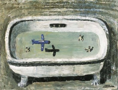 Avión azul en la bañera