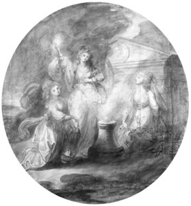 Three female allegorical figures in front of a classical temple
