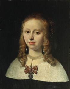 Portrait of a lady, bust-length, in a black dress with a white collar and a necklace