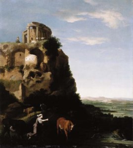 A classical landscape with drovers and cattle at a ford, the Temple of the Sybil at Tivoli on a rise beyond