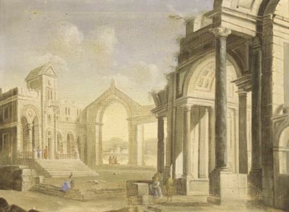 Scuola bolognese, seconda metà del secolo XIX, nei modi di Mirandolese delle Prospettive, Rovine classiche e gotiche con un monumento memoriale e astanti in primo piano Rovine di un edificio gotico aperte su uno sfondo lacustre con rovine classiche ornate da una colonna di verde antico