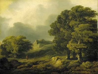 Oncoming storm; windswept trees