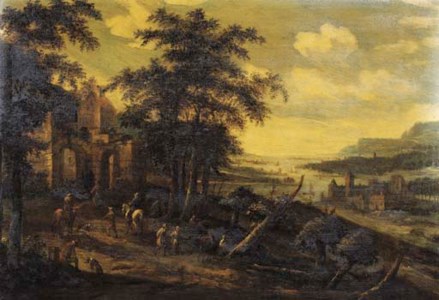 Travellers and peasants on a road by a ruined mansion, a valley beyond