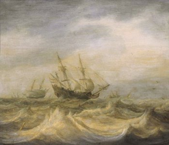A threemaster and other shipping in choppy waters on a cloudy day
