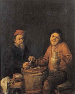 Boors drinking and smoking at a barrel