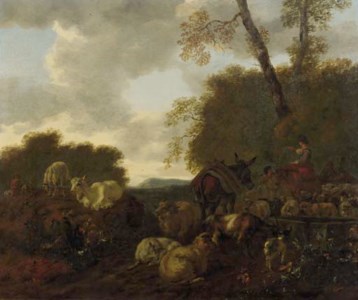 Shepherds and their flock by a well in an Italianate landscape