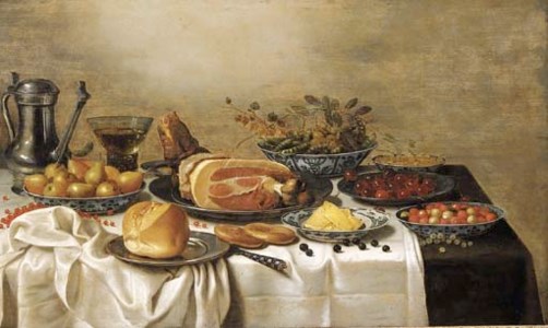 A pewter jug, a Berkemeyer , pears, peas and gooseberries, white currants, fraises-de-bois and butter in Wan-Li porcelain dishes, a leg of ham and a bun on pewter plates, a knife, blackberries and white currants on a draped table