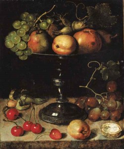 Clara Peeters, Pears, an apple, an apricot, grapes, almonds and wallnuts on a tazza with grapes, a wallnut, an abricot, cherries and almonds on a stone ledge