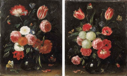 Roses, tulips, carnations and other flowers in glass vases on stone ledges with butterflies and a caterpillar nearby