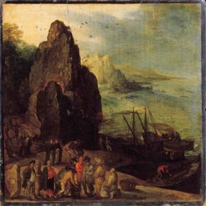 A rocky coastal landscape with fishermen and merchants near a landing stage
