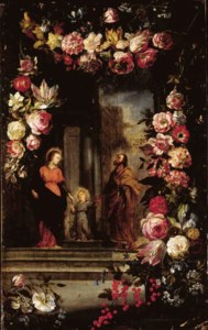 A garland of flowers surrounding The Holy Family