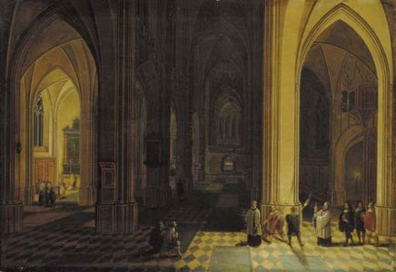 The interior of a Gothic cathedral at night with a procession in the foreground