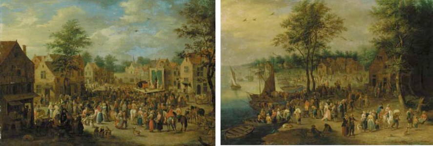 Strolling players performing to a crowd; and Elegant figures and peasants by a river