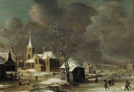 A village in winter, with villagers on a frozen waterway