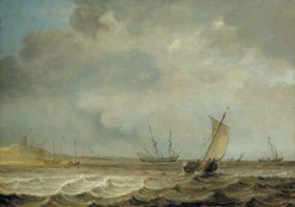 A smalschip , a frigate and other shipping in choppy seas