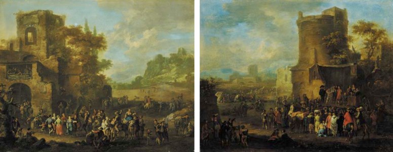 An Italianate landscape with peasants making merry in a town; and An Italianate landscape with peasants gathered around a stage with players, a flag with the Medici arms above