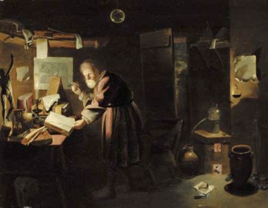 An alchemist in his study at night