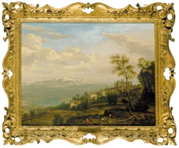 An extensive Italianate landscape with shepherds and shepherdesses resting before a hilltop town