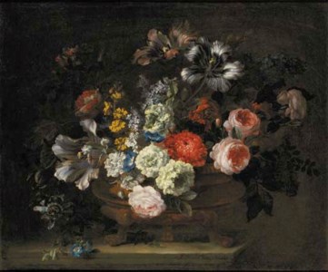 Roses, tulips, lilies, chrysanthemums, lilac, gentians and yellow sage in an urn on a marble ledge